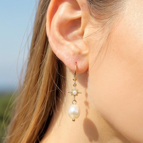 Pearl Drop Earrings Women Dangle Hoop Bridal Jewelry Lightweight Gold-Plated - Picture 4 of 6